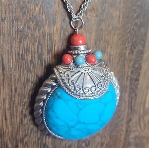 Bohemian Silver Tone Large Faux Turquoise & Coral Pendant Long Necklace